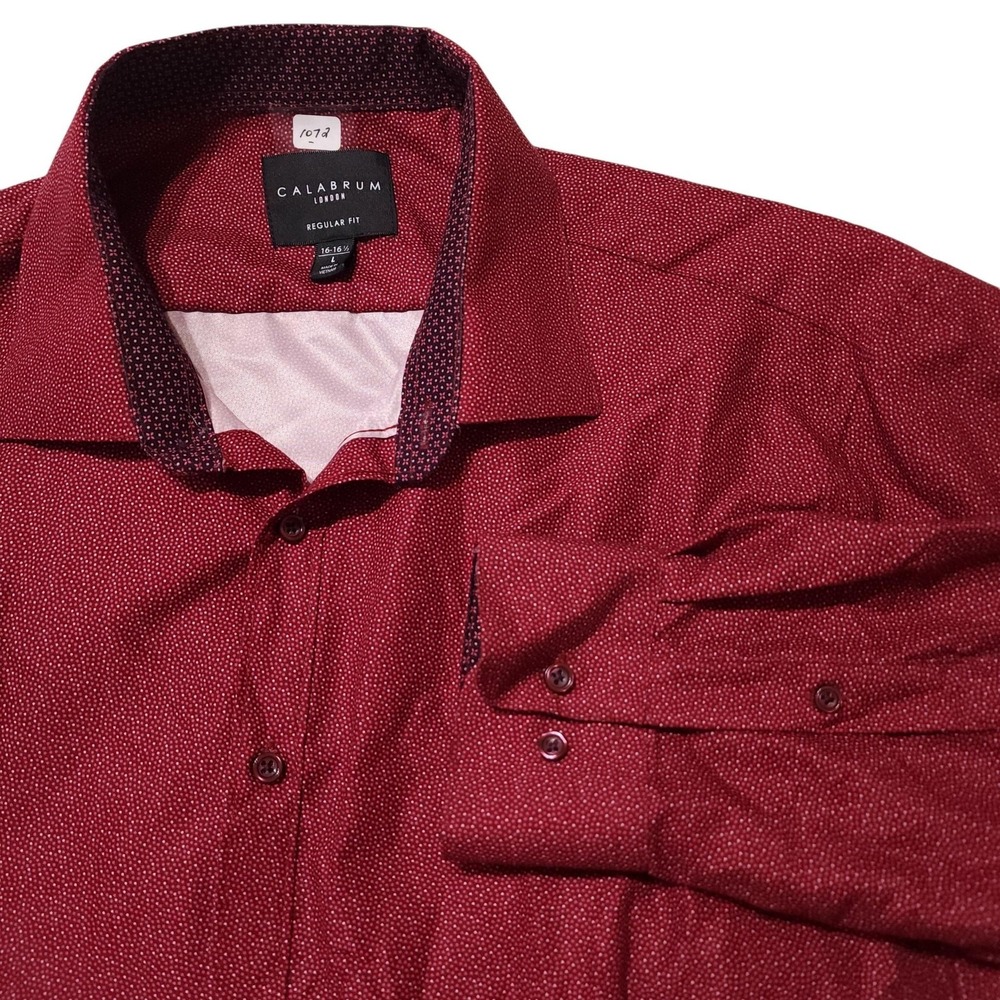 Calabrum Dress Shirt Mens 16.5 34/35 L Red‎ Polka Dot Regular Fit Long Sleeve